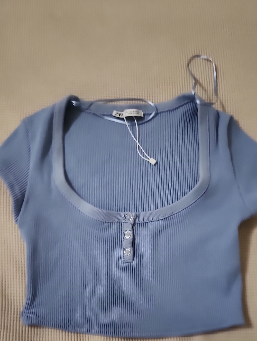 Zara Light Blue Ribbed Scoop Neck Crop Top